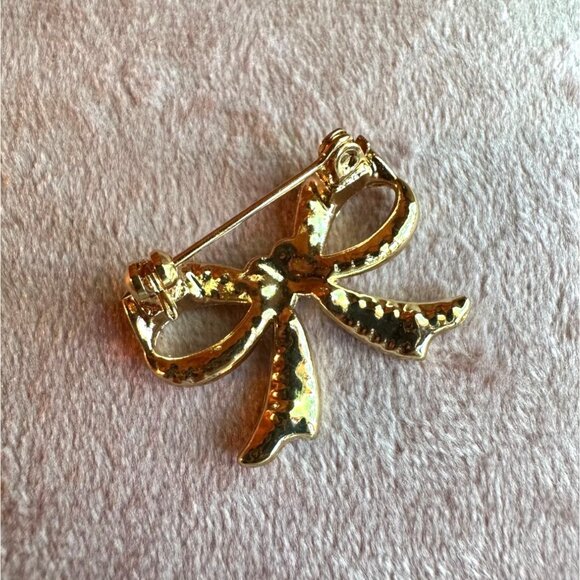 Gold-Tone Bow Brooch With Sparkling Iridescent Rhinestones Aurora Borealis - Picture 8 of 8